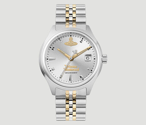 Vivienne Westwood Little Camberwell watch with silver and gold two-tone bracelet and silver dial, a versatile unisex design.